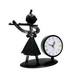 Musician Sculpture Metal Girl Flute With Clock