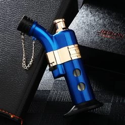 Jobon Chain Lid Window Metal Standing Jet Lighter Gift Box Blue