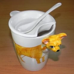 Hand Paint 3D Coffee Tea Mug Chihuahua Dog With Lid Spoon